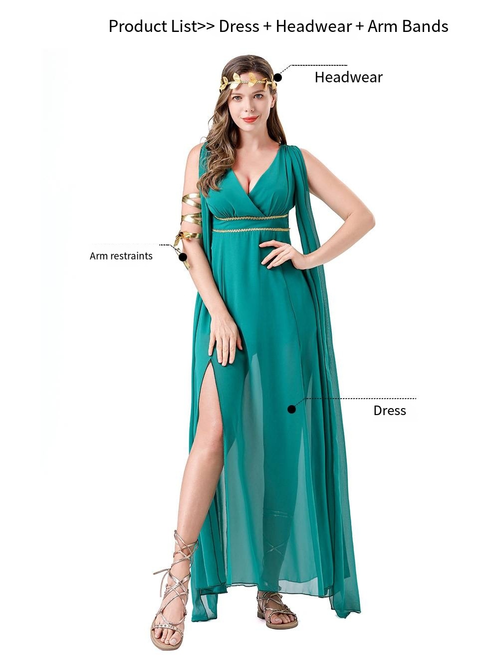Halloween Cosplay Greek Goddess Dress - Green Chiffon Slit Maxi Gown